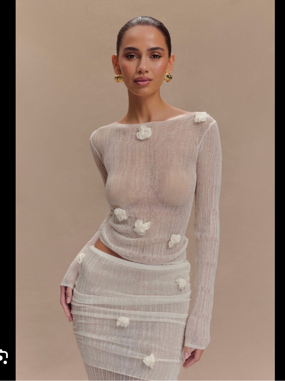 Meshki Cream Knit Long-Sleeve Top with Floral Appliques